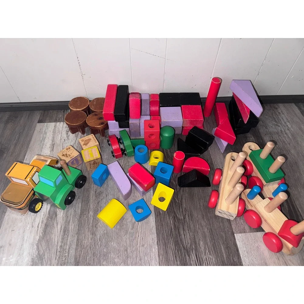 Wooden Stacking Train and Building Blocks Toy Lot Mixed Shapes